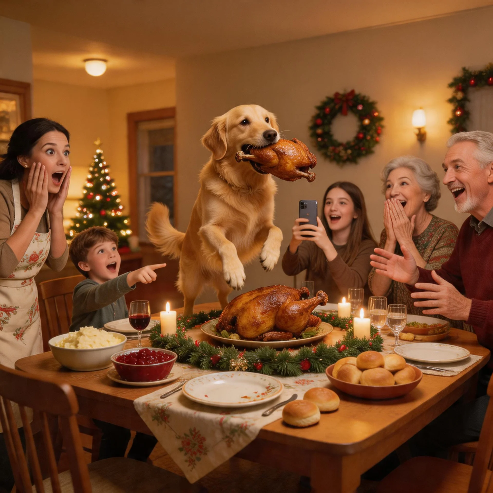 A chaotic and humorous family holiday dinner scene where a mischievous dog is stealing a turkey from the dining table while family members react in shock and laughter, warm indoor lighting, realistic style