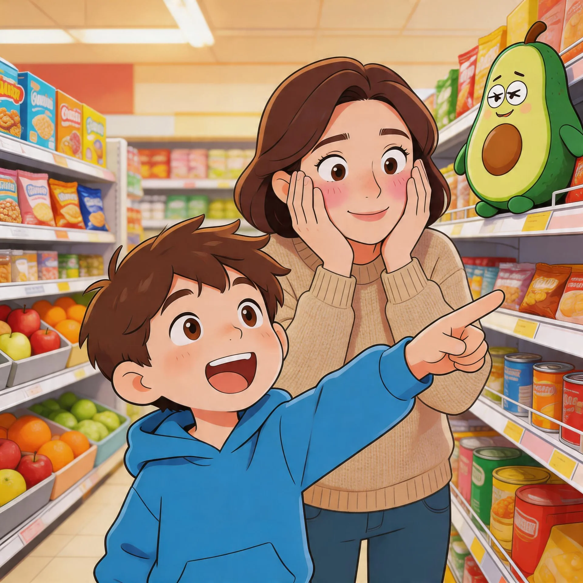 A young child pointing at something funny in a grocery store while a parent looks both embarrassed and amused, colorful and relatable everyday life illustration, cartoon style