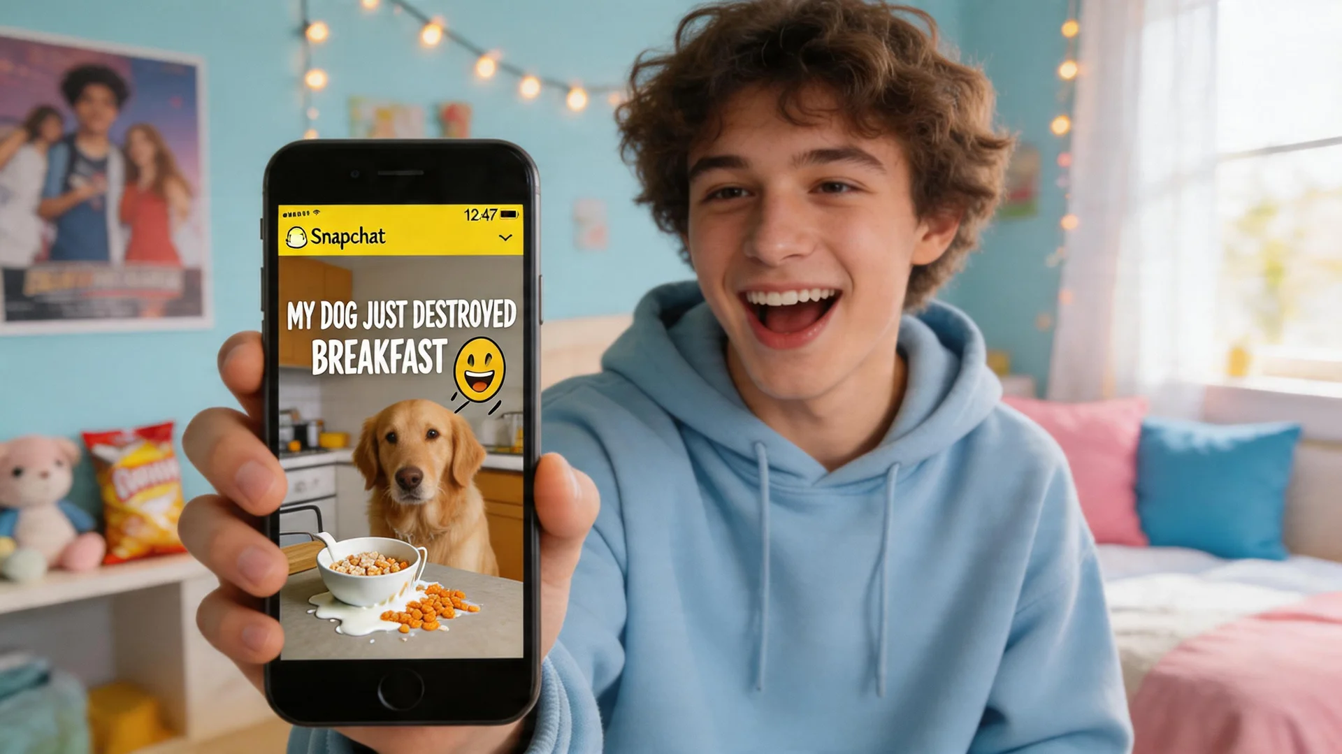 funny stories to tell - teenager holding a smartphone showing a funny Snapchat story