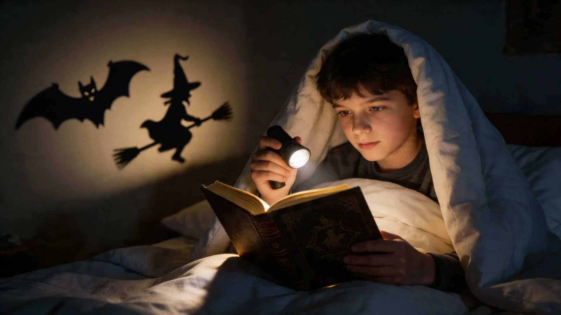 halloween books for kids - pre-teen kid reading a thick
