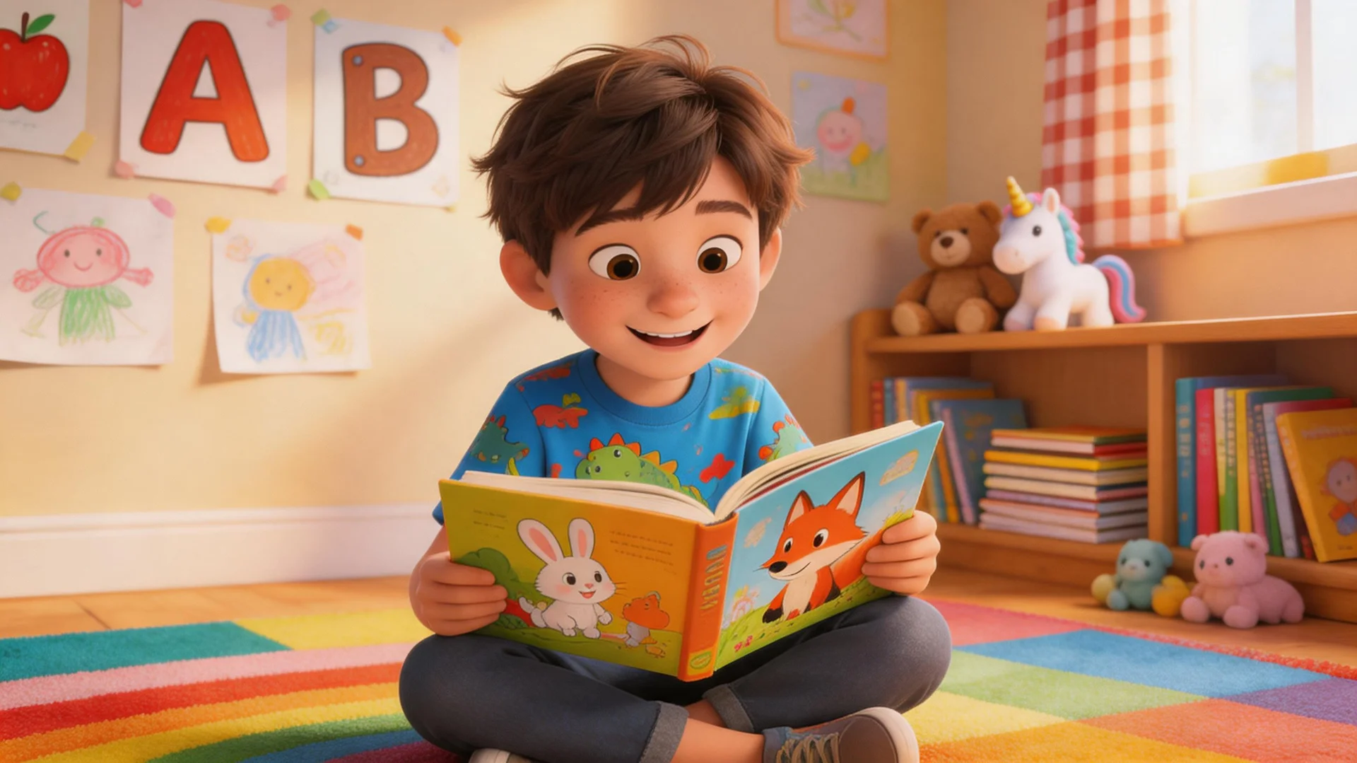 short stories for 1st graders - joyful 1st grader sitting cross-legged on a rug