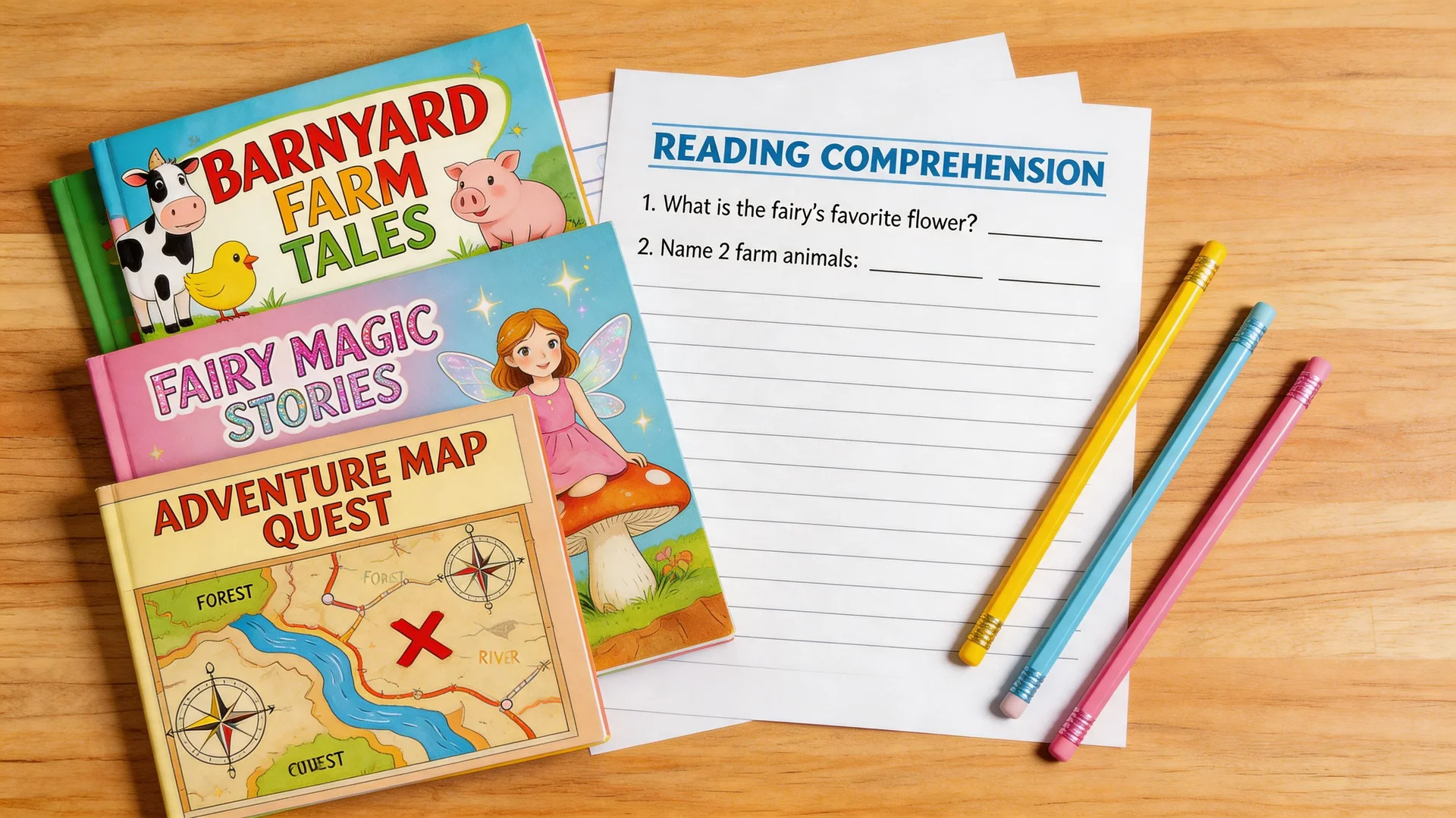 short stories for 1st graders - collection of thematic storybooks stacked on a wooden desk